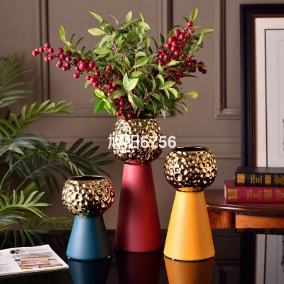 Light Luxury Morandi Red Yellow Green Gold Ceramic Vase Flower Home Decoration Crafts Thunder Decorative Flower Vase