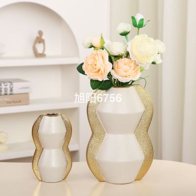 Modern Simple and Light Luxury Golden Edge Home Ornament Living Room Wine Cabinet Showroom Furnishings Ceramic Decoration Coarse Glaze Vase Home
