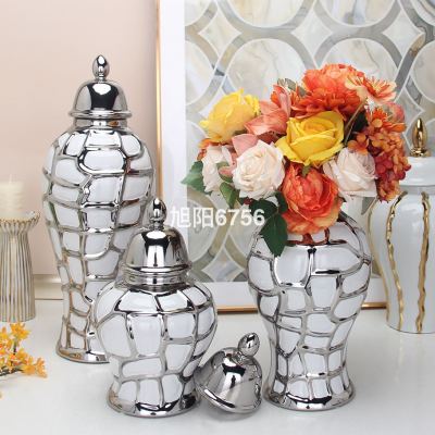 Simple and Light Luxury Electroplating Ceramic Hat-Covered Jar European Flower Vase Crafts Decoration Hallway Soft Outfit Storage Jar