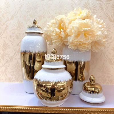 Crafts Furnishings Ornaments Factory Direct Cross-Border Electroplating Temple Jar Ceramic European Flower Vase Light Luxury H