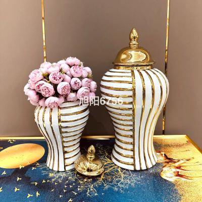 Factory Direct Cross-Border Electroplating Temple Jar Ceramic European Flower Vase Light Luxury Crafts Decoration Ceramic Pot