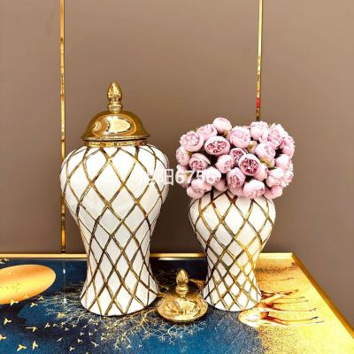 Factory Direct Cross-Border Electroplating Temple Jar Ceramic European Flower Vase Light Luxury Crafts Furnishings Ornaments H