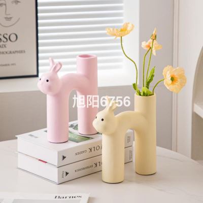 INS Cream Style Ceramic Vase Milk Fufu Rabbit Vase Cute Ornaments Home Living Room Dining Table Entrance Decoration