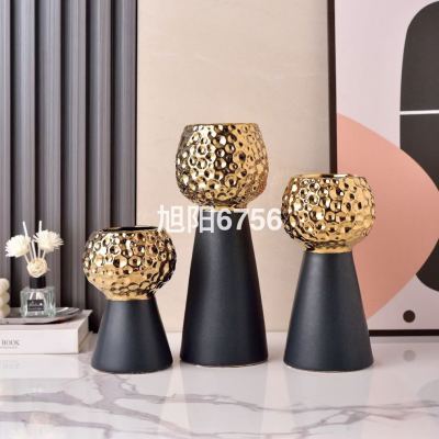Light Luxury Morandi Red Yellow Green Black and White Gold Ceramic Vase Flower Home Decoration Crafts Thunder Ornaments