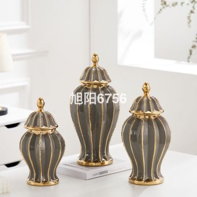 European-Style Ceramic Electroplating Golden Edge Temple Jar Affordable Luxury Style Home Living Room Decorations Hotel Hallway Table Top Large Vase