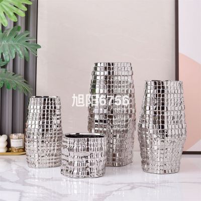 Simple Modern Light Luxury Gold and Silver Plating Color Geometric Abstract Lattice Ceramic Vase Home Soft Decoration Furnishings