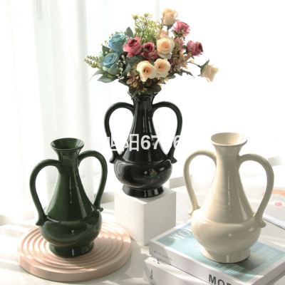 Minimalist Chinese Style Vintage Ceramic Binaural Vase Living Room Entrance Dried Flower Arrangement Hydroponic Flower Pot Domestic Ornaments