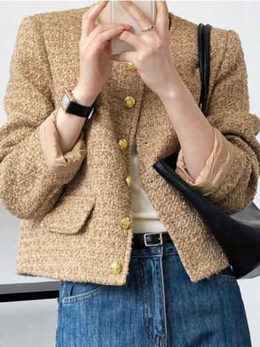 2024春秋新品 高级复古麦黄编织粗花呢短款小香风羊毛短外套女