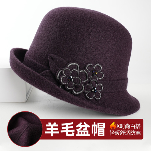 2025新品立体花朵小礼帽秋冬季毛呢帽子女士韩版圆顶休闲渔夫盆帽