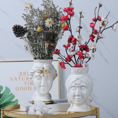 Nordic Style Living Room Creative Ceramic Medium Temperature Head Vase Decorative Ornament Flower Arrangement Dried Flower Art