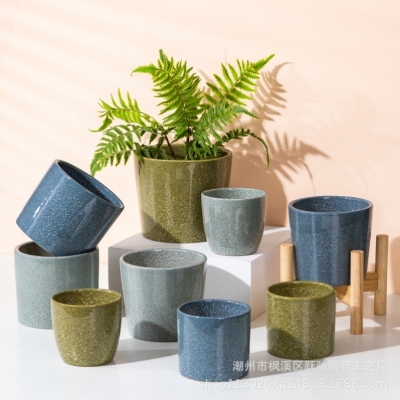 Nordic Style Simple Stone Pattern Wood Holder Ceramic Flower Pot Creative Home Flower Pot Fleshy Green Plant Pot