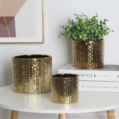 Nordic Plated Gold Ceramic Flower Pot Minimalist Creative Model Room Flowerpot Decoration Living Room Home Decoration