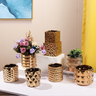 Light Luxury Gold Plated Ceramic Flower Pot Embossed Geometric Art Desktop Nordic Glazed Indoor Greenery Flower Pot