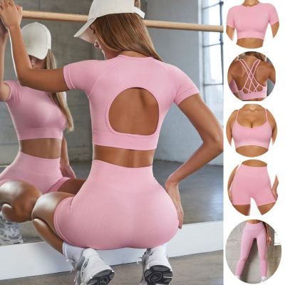 Europe and America Cross Border Popular INS Seamless Yoga Clothes Running Sports Fitness Short Sleeve High Waist Hip Lift Shorts Suit