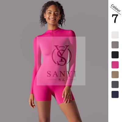 New Solid Color Zipper Open Collar Tight High Elastic Jumpsuit Sports and Fitness Running Three-Point One-Piece Shorts Yoga Clothes