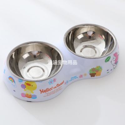 Melamine Stainless Steel Dog Bowl Dog Food Bowl Dog Bowl Small Large Rice Bowl Double round Pet Bowl Tableware Pet Supplies