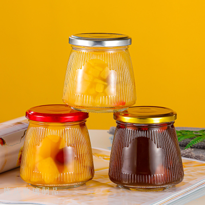 Large Mouth Fresh Cubilose Stewing Honey Glass Bottle Striped Diamond Sealed Jam Storage Jar