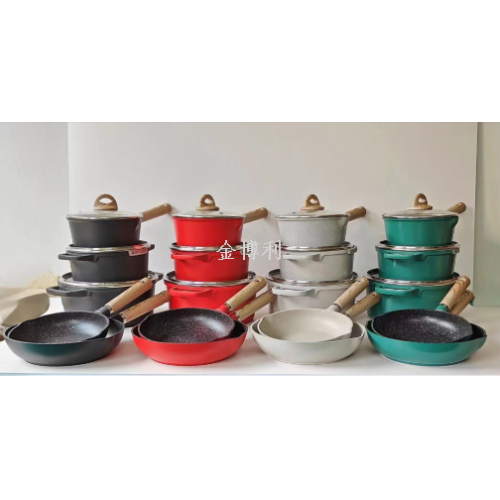 8PC木纹柄新款仿铸铁套锅4色