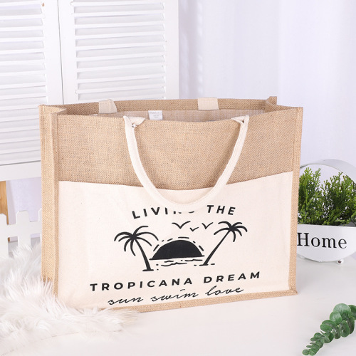 韩系麻布袋自定义可印logo棉麻包帆布拼接黄麻购物袋覆膜手提袋