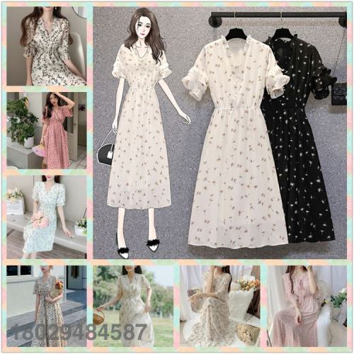 2024 women‘s summer waist slimming floral solid color chiffon dress fresh high waist miscellaneous fairy long dress