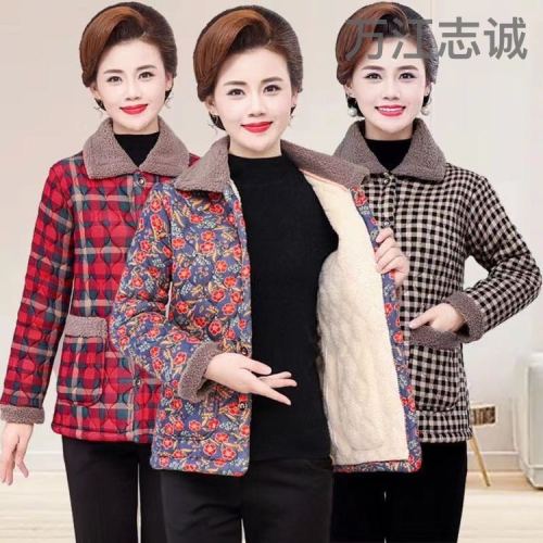 lapel mom coat autumn and winter new fleece lined fashion middle-aged and elderly women‘s short thick loose cotton-padded coat outerwear top