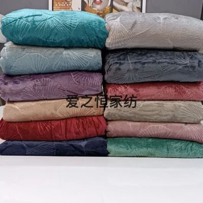 Embossing Blanket Flannel Coral Fleece Foreign Trade Solid Color Bed Sheet Foreign Trade in Stock Ginkgo Leaf Bedding Sofa Bed