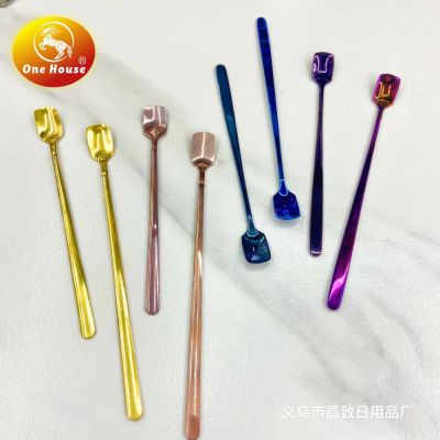 410 Stainless Steel Small Square Spoon Creative Gold-Plated Color Golden Dessert Coffee Spoon Long Handle Ice Spoon