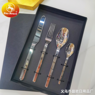 304 Stainless Steel Knife, Fork and Spoon Small Spoon Tableware Plated Color Small Square Handle 4Pcs Black Box Set