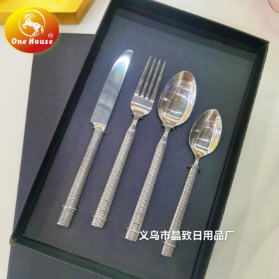 430 Stainless Steel Forged round Handle Horizontal Pattern Handle Knife, Fork and Spoon Small Spoon 4Pcs Black Box Set