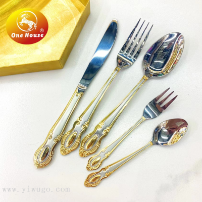 One House 410 Stainless Steel Gold-Plated 135 Diamond Handle Knife, Fork and Spoon Small Spoon Fork Tableware