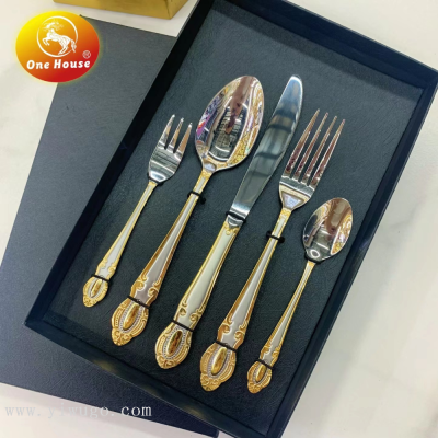 One House 410 Stainless Steel Gold Plated 135 Diamond Shank Knife, Fork and Spoon Small Spoon Fork 4/5Pcs Black Box Set