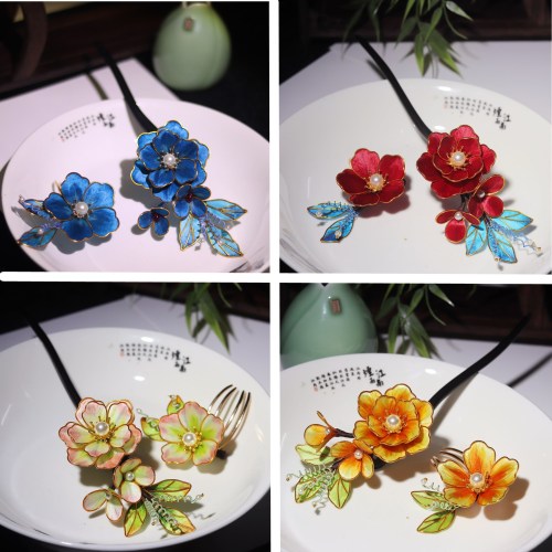 non-heritage velvet flower hair clasp blackwood imitation tian-tsui hairpin new chinese cloisonne velvet flower xiuhe clothing bridal headdress