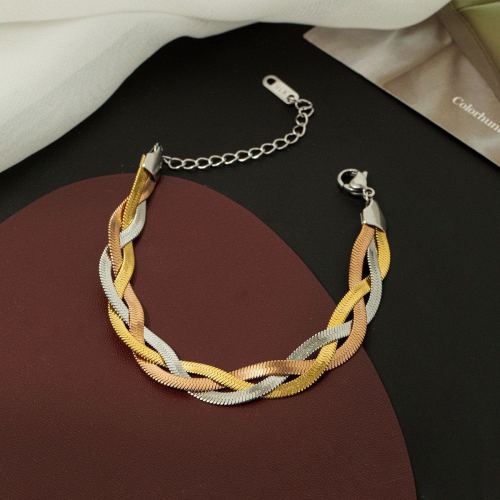 不锈钢钛钢手链三层编织手链扁蛇链刀链时尚简约拼色麻花钛钢手链