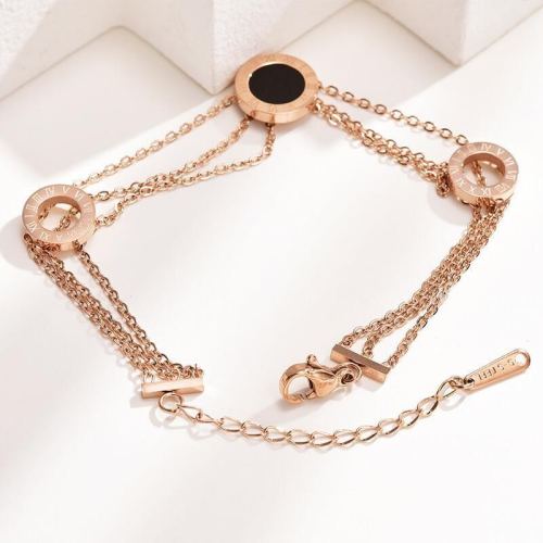 European and American Multi-Layer Rose Gold Roman Pattern Bracelet Women‘s Titanium Steel Plated 18K Rose Gold Personality Fashion Ornament