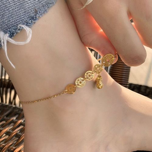 Korean Simple Personalized Fashion Titanium Steel Anklet Female Bell Ancient Style Forest Series 18K Gold Net Red Tide Unlimited Money
