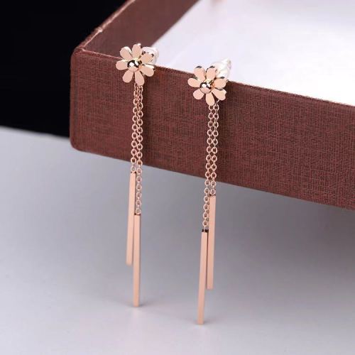 Anti-Allergy Non-Fading Face Slimming Fairy Little Daisy Earrings Long Rose Gold Casual Fashion Earrings