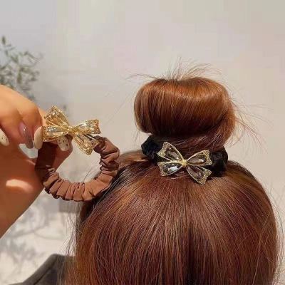 Korean Exquisite New Imitation Crystal Bow Hair Rope Ponytail Hair Ring Small Intestine Ring Rubber Band Bun Simple Head