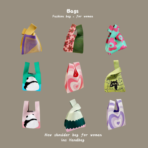 new instagram mesh red fashion handbag women‘s knitted wool bucket bag hand carrying casual tote bag box lunch bag wholesale