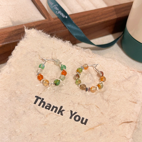 新中式复古彩色串珠耳圈耳环女简约气质民族风几何形耳钉耳饰批发