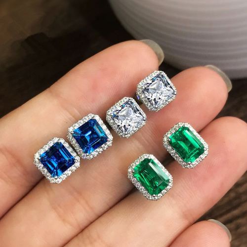 cross-border hot sale exquisite square women‘s ear studs full of diamonds green zircon stud earrings factory direct wholesale