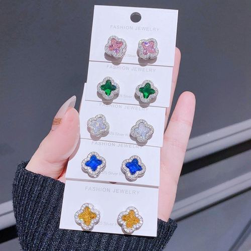 four-leaf clover light luxury temperament zircon stud earrings high fashion 925 silver needle earrings factory wholesale