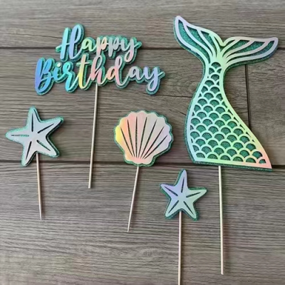 ballon Double Layer Birthday Cake Plug-in Mermaid Tail Starfish Shell Double Layer Cake Decoration  Strap Decoration