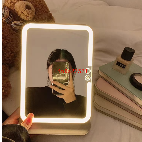 化妆镜手感柔软LED皮革发光镜可折叠携带智能补光灯梳妆镜触控