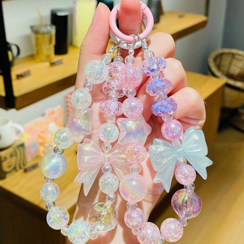 mobile phone lanyard ins internet celebrity beaded chain round beads crystal colorful bow ornaments double chain phone case pendant