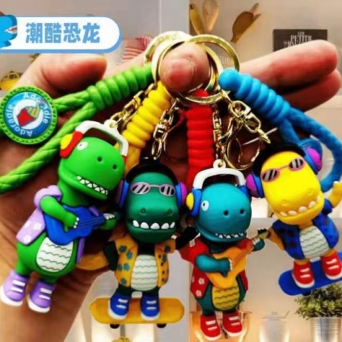 Trendy Cool Skateboard Dinosaur Keychain Music Dinosaur Three-Dimensional Silicone Doll Pendant Couple Cars and Bags Ornaments