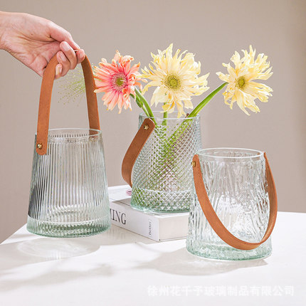 北欧ins 花瓶摆件提手玻璃客厅透明插花现代简约彩色干花轻奢餐桌