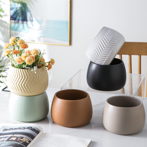 北欧陶瓷花盆简约桌面现代蝴蝶兰盆创意条纹绿植多肉圆形盆栽园艺