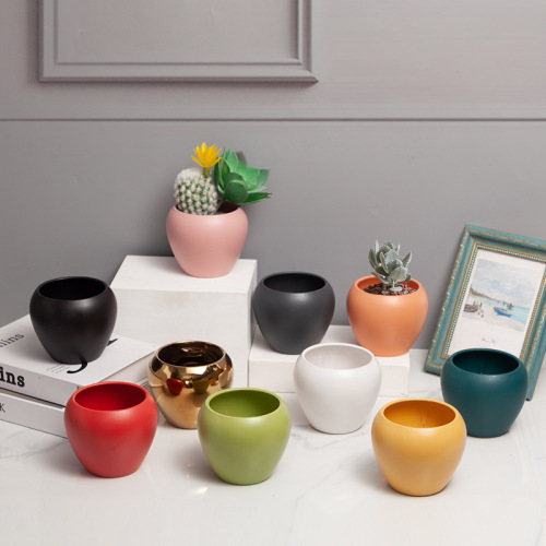 简约北欧多肉圆形莫兰迪色批发陶瓷花盆现代轻奢金色创意室内绿植