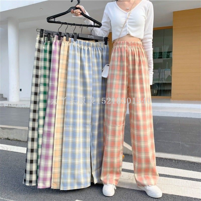 Summer Stall Ice Silk Plaid Pants Straight Drooping Trousers Thin Loose Casual Pants High Waist Lattice Loose Pants Women
