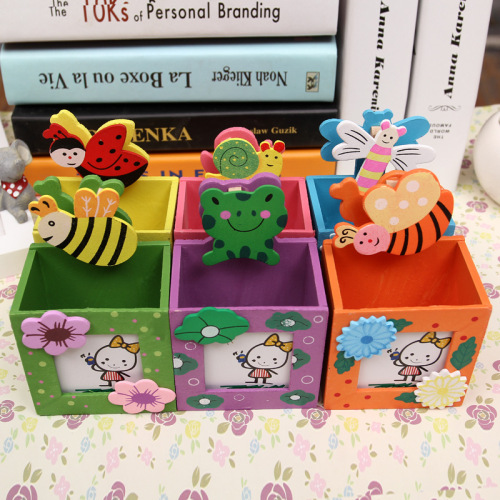 little bee pen holder cute cartoon creativity multi-functional learning wooden pen holder with clip manufacturers can print logot